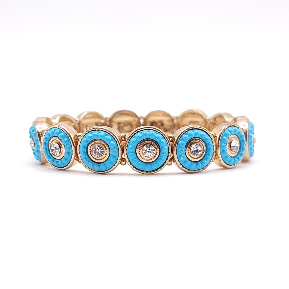 Gold Tone Blue Enamel Bracelet Clear Crystal Stretch